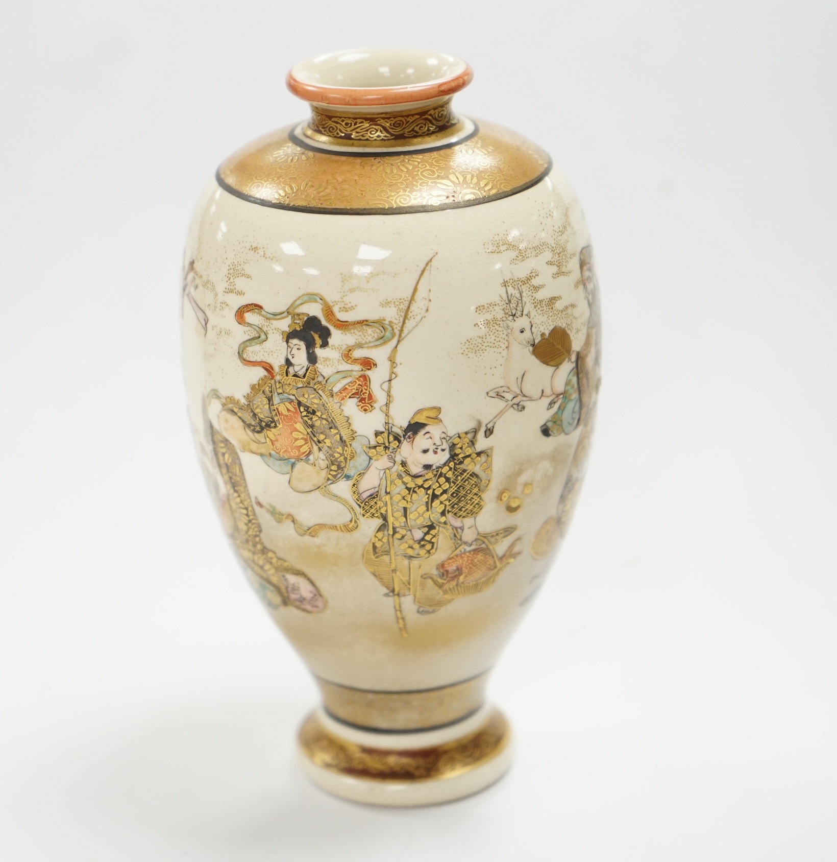 A small Satsuma ovi-form vase, decorated with figures, signature to base, height 13cm high. Condition - good